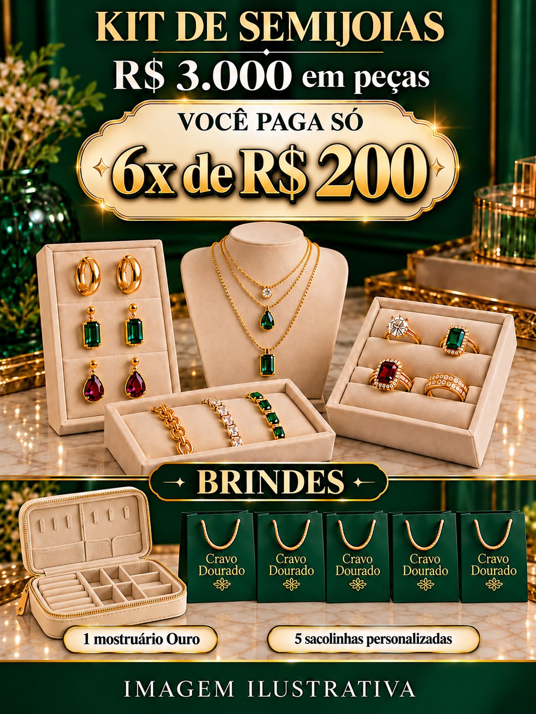 Kit de semijoias de R$ 3.000 em peças — 6x de R$ 200