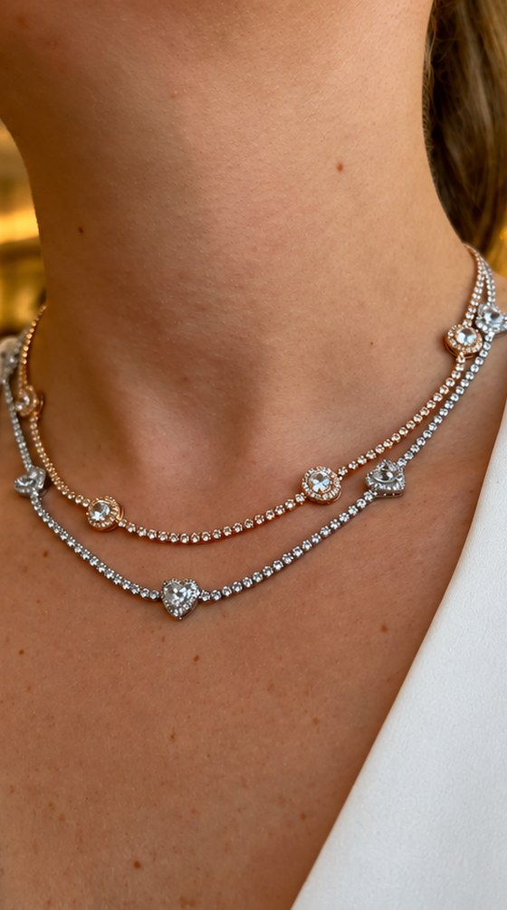 Modelo usando dois colares diamante Cravo Dourado